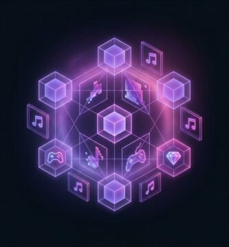 Abstract NFT visualization with purple glowing blockchain cubes, digital art frames, music notes, gaming controller, and diamond icons representing digital ownership on dark background - What are NFTs guide illustration