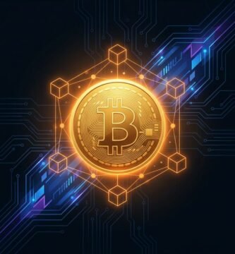 Golden Bitcoin coin with glowing orange halo surrounded by blockchain network nodes and circuit board patterns on dark background - What is Bitcoin beginner's guide illustration